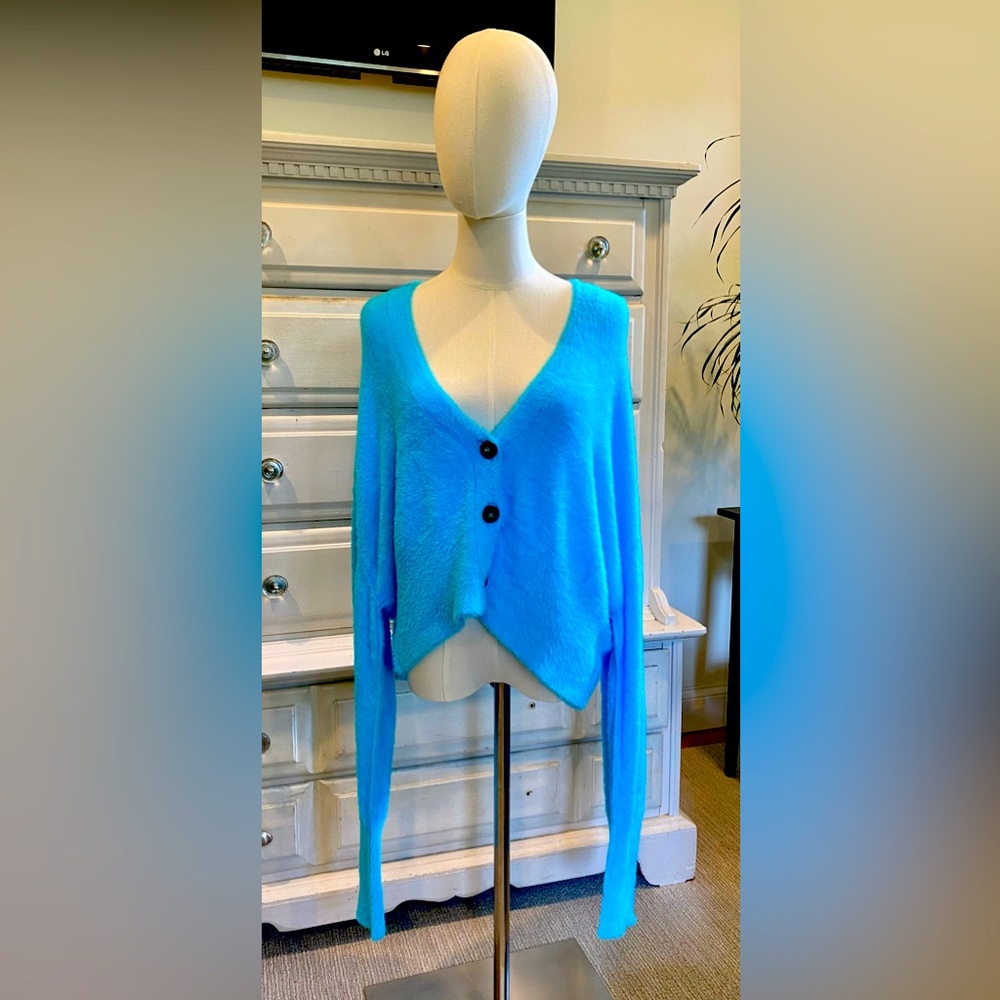 Free People Bright Turquoise Blue Cropped Button Cardigan